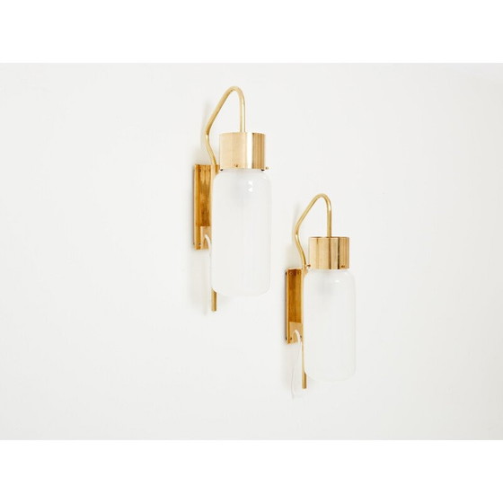 Image 1 of Pair of vintage Lp 10 sconces in brass and opaline glass by Luigi Caccia Dominioni for Azucena Editor, 1970