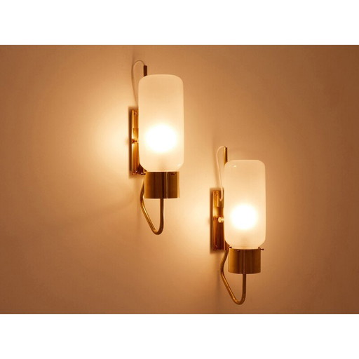 Pair of vintage Lp 10 sconces in brass and opaline glass by Luigi Caccia Dominioni for Azucena Editor, 1970