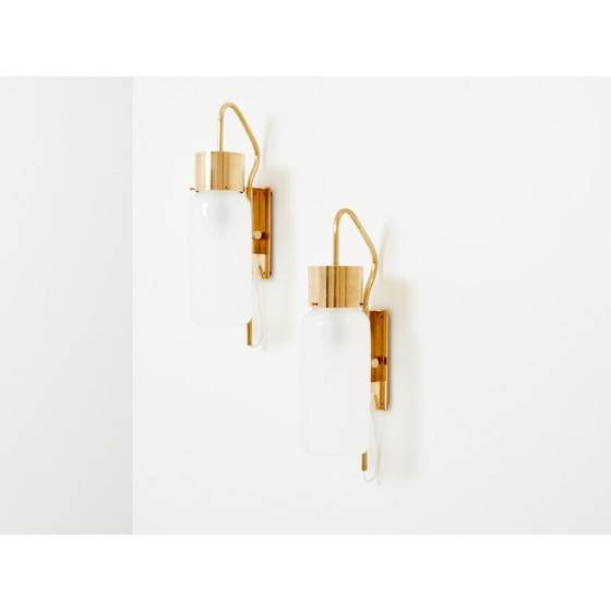 Image 1 of Pair of vintage Lp 10 sconces in brass and opaline glass by Luigi Caccia Dominioni for Azucena Editor, 1970