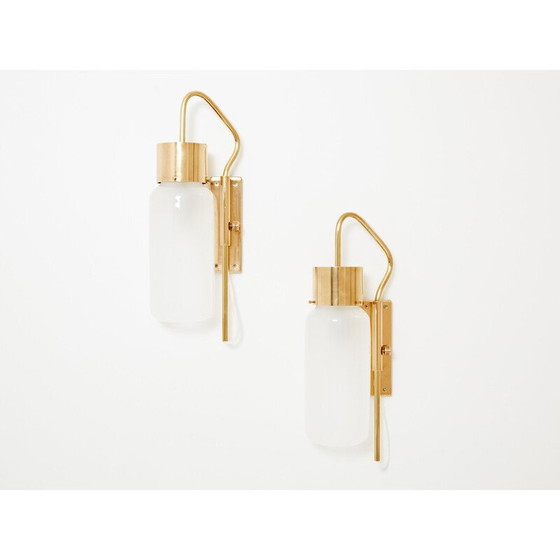 Image 1 of Pair of vintage Lp 10 sconces in brass and opaline glass by Luigi Caccia Dominioni for Azucena Editor, 1970