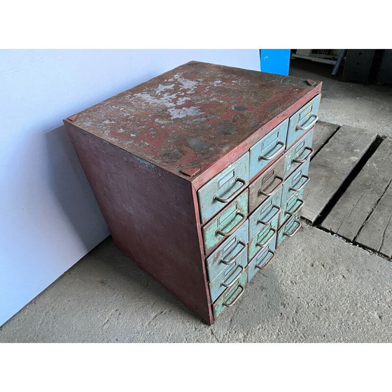 Image 1 of Vintage industrial metal craft cabinet with 15 drawers for Flambo, 1950