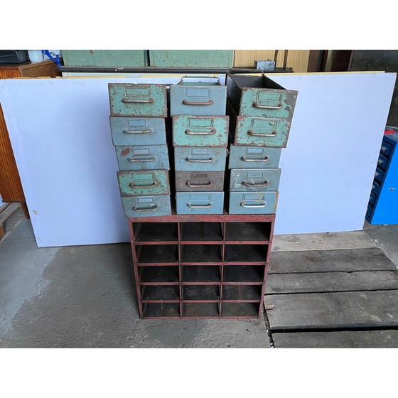 Image 1 of Vintage industrial metal craft cabinet with 15 drawers for Flambo, 1950