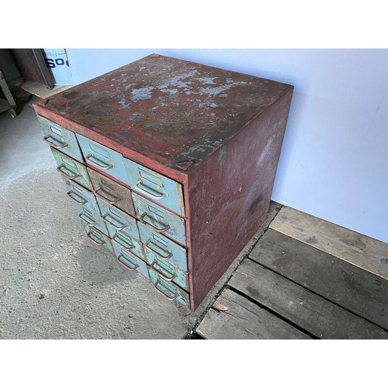 Image 1 of Vintage industrial metal craft cabinet with 15 drawers for Flambo, 1950