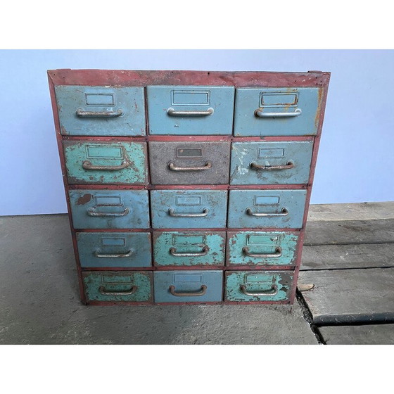 Image 1 of Vintage industrial metal craft cabinet with 15 drawers for Flambo, 1950