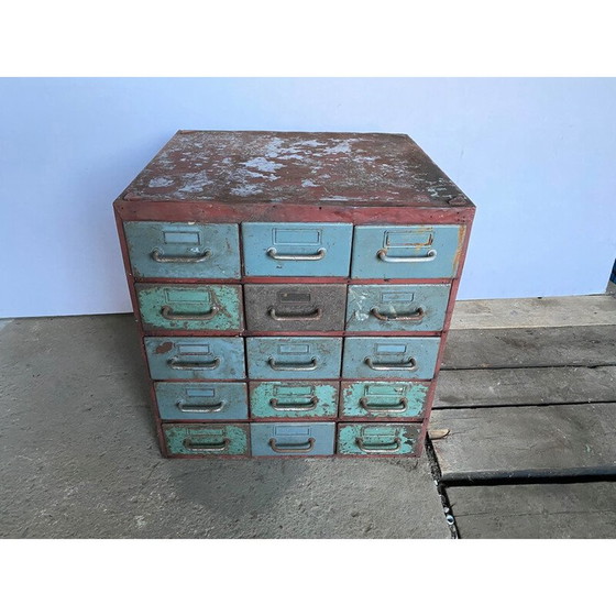 Image 1 of Vintage industrial metal craft cabinet with 15 drawers for Flambo, 1950