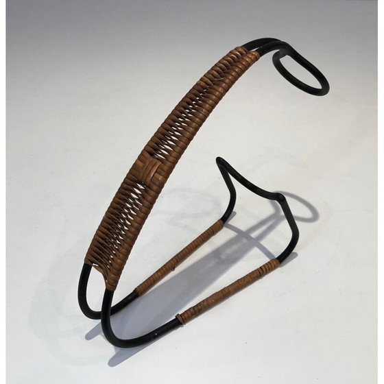 Image 1 of Scandinavian vintage bottle holder in black lacquered metal and rattan, 1950