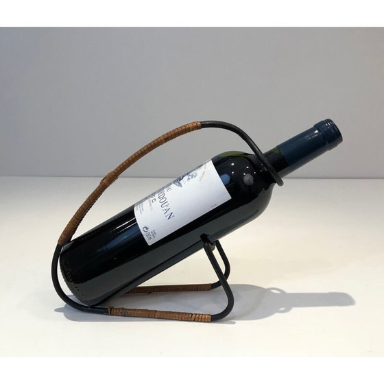 Image 1 of Scandinavian vintage bottle holder in black lacquered metal and rattan, 1950