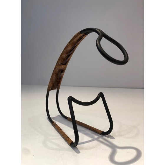 Image 1 of Scandinavian vintage bottle holder in black lacquered metal and rattan, 1950