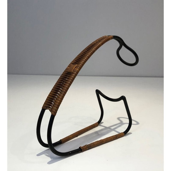 Image 1 of Scandinavian vintage bottle holder in black lacquered metal and rattan, 1950