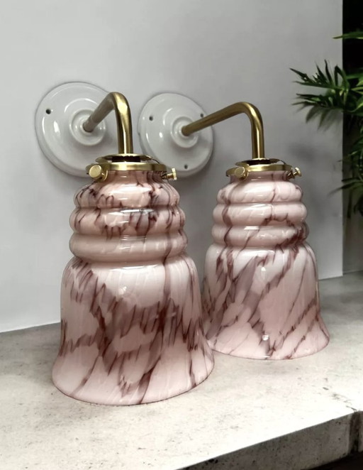 Pair Of Pink Marbled Opaline Wall Lights