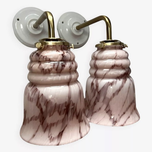 Pair Of Pink Marbled Opaline Wall Lights