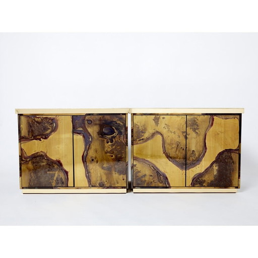 Pareja de muebles de almacenaje vintage en latón oxidado de Isabelle y Richard Faure, 1970