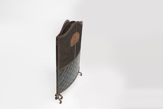 Image 1 of French Art Deco wrought iron fireplace screen with 3 panels