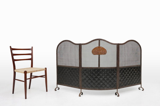 Image 1 of French Art Deco wrought iron fireplace screen with 3 panels