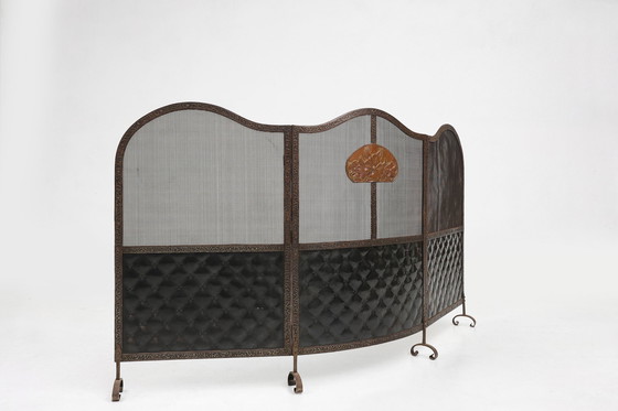 Image 1 of French Art Deco wrought iron fireplace screen with 3 panels
