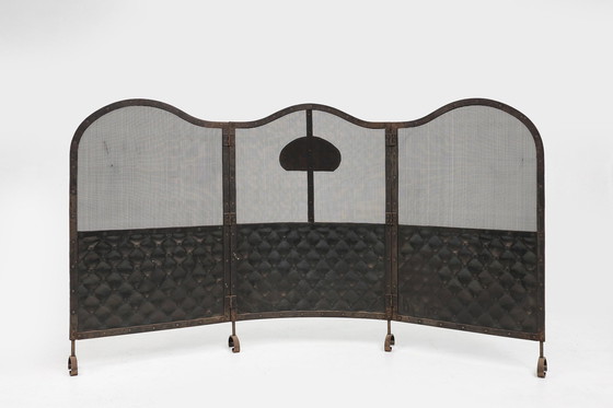 Image 1 of French Art Deco wrought iron fireplace screen with 3 panels