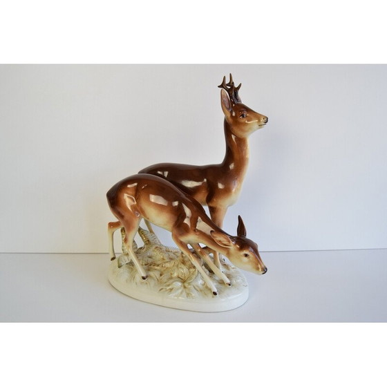 Image 1 of Vintage porcelain deer and doe sculpture from Royal Dux, Czechoslovakia 1950