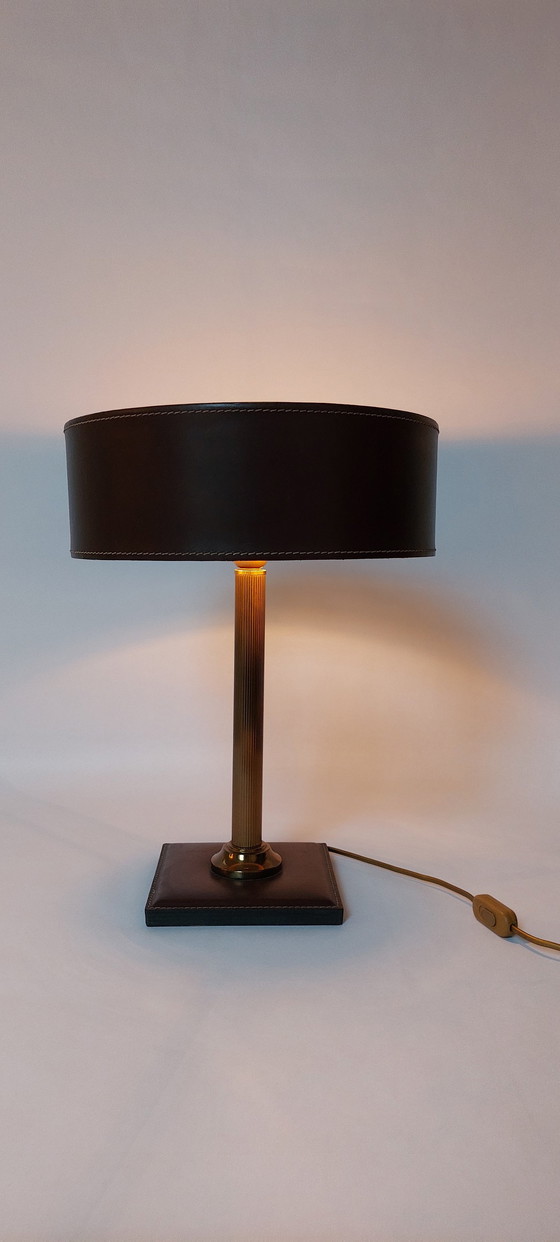 Image 1 of Square Bass Table Lamp In Brown Leather