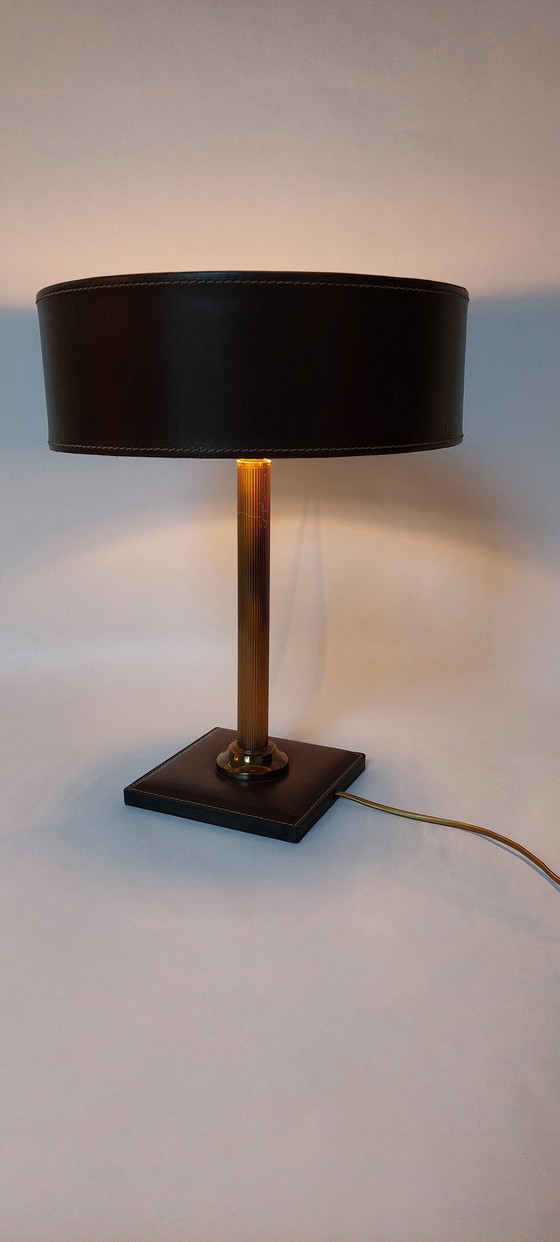 Image 1 of Square Bass Table Lamp In Brown Leather