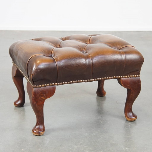 Brown Beef Leather Chesterfield Hocker