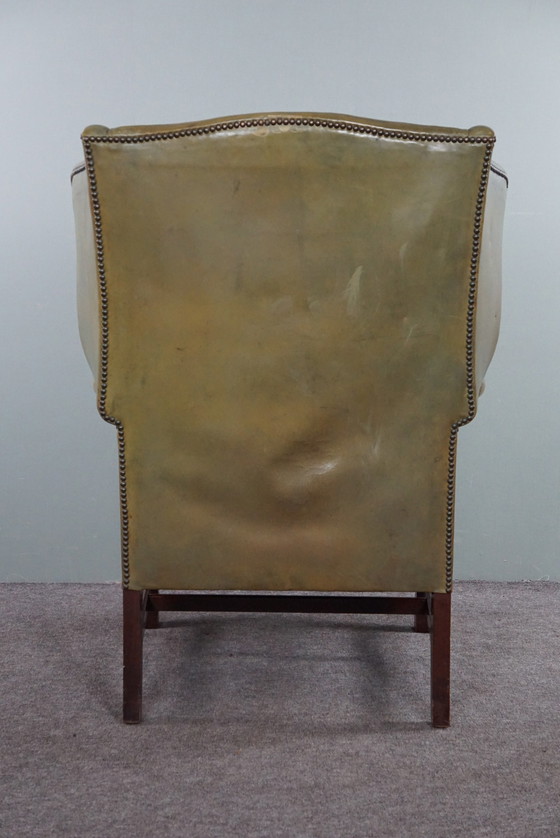 Image 1 of Green vintage cowhide leather wing chair