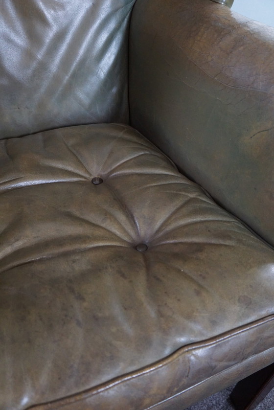 Image 1 of Green vintage cowhide leather wing chair