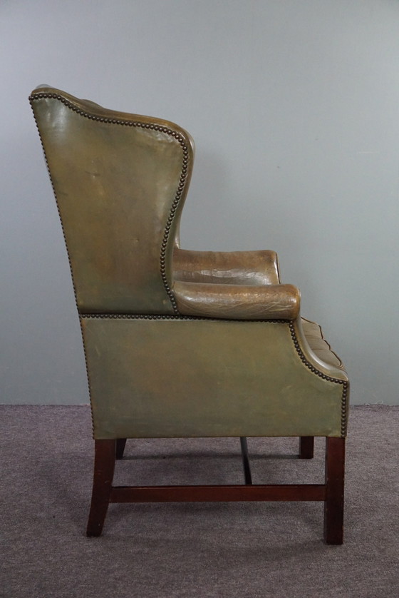 Image 1 of Green vintage cowhide leather wing chair