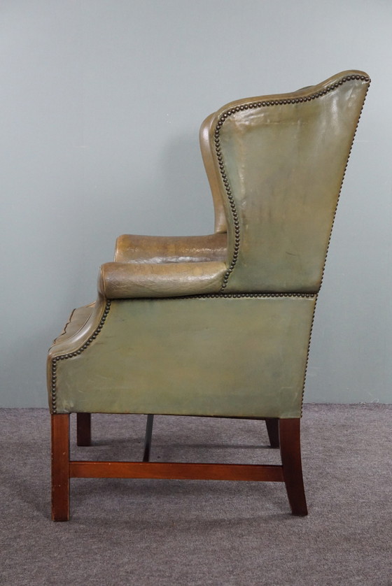 Image 1 of Green vintage cowhide leather wing chair