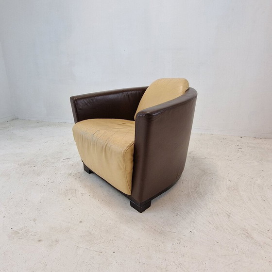 Image 1 of Pair of vintage armchairs in solid wood and beige leather for Calia, Italy 1980