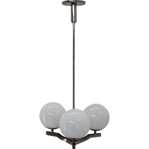 Vintage functionalist nickel-plated three-flame chandelier by Ias, 1930