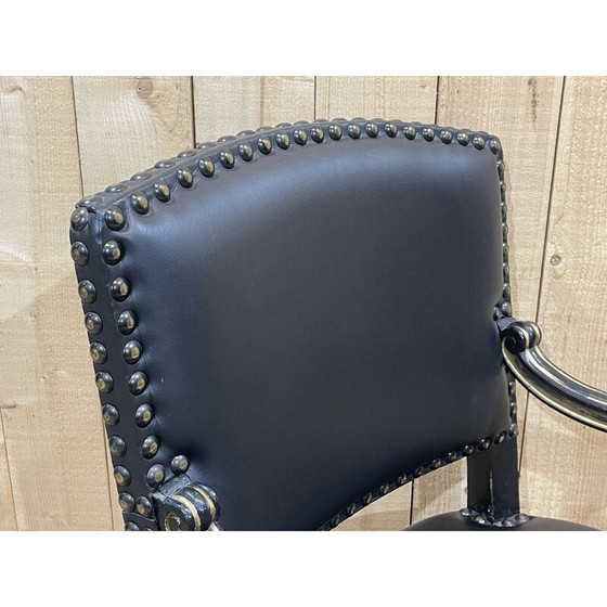 Image 1 of Vintage armchair in ebonized wood and black leather, England 1950