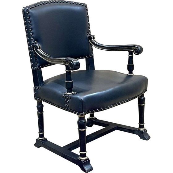 Image 1 of Vintage armchair in ebonized wood and black leather, England 1950