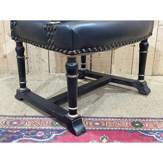 Image 1 of Vintage armchair in ebonized wood and black leather, England 1950