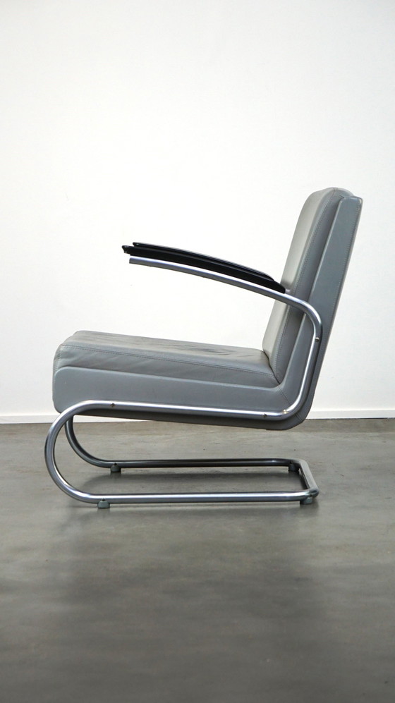 Image 1 of Vintage gray cowhide leather bauhaus design armchair