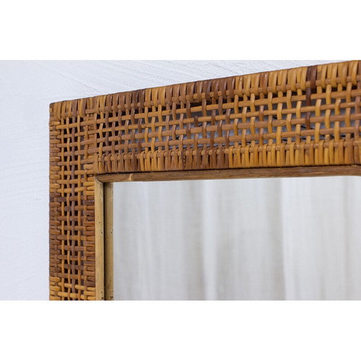 Specchio vintage in teak massello e rattan, Svezia 1950