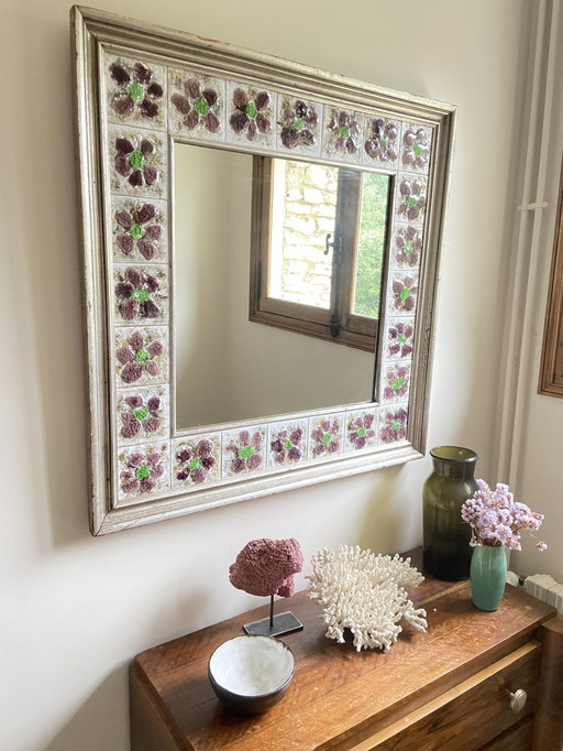 Large Square Floral Ceramic Mirror.