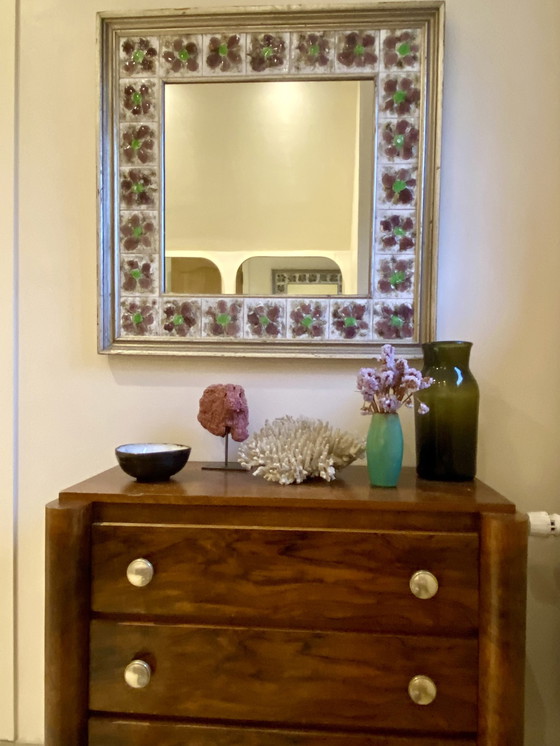 Image 1 of Large Square Floral Ceramic Mirror.