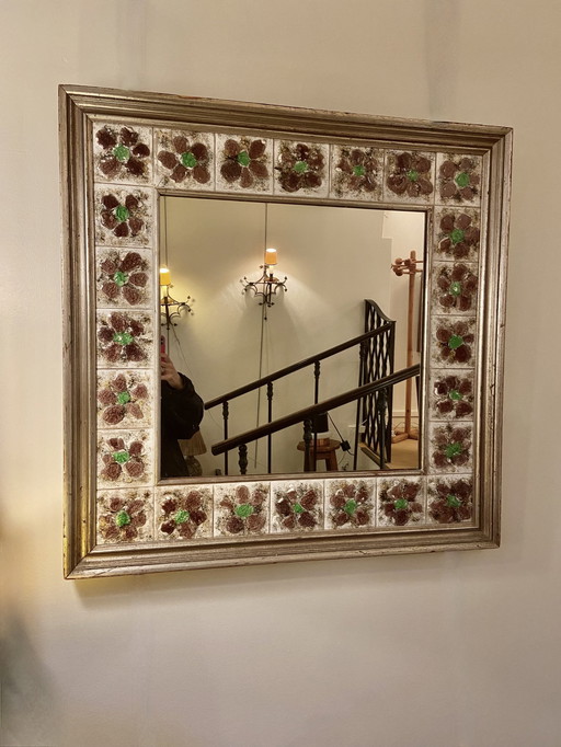 Large Square Floral Ceramic Mirror.