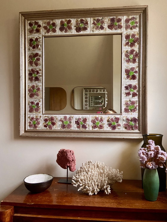 Image 1 of Large Square Floral Ceramic Mirror.