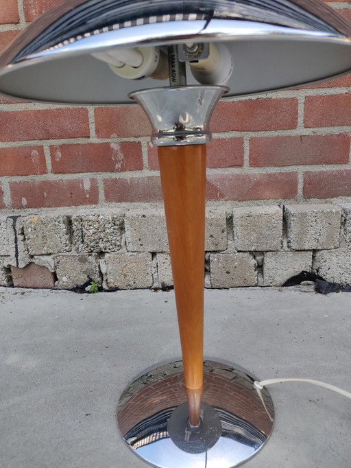 chrome and wooden mushroom lamp