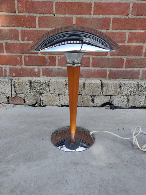 chrome and wooden mushroom lamp