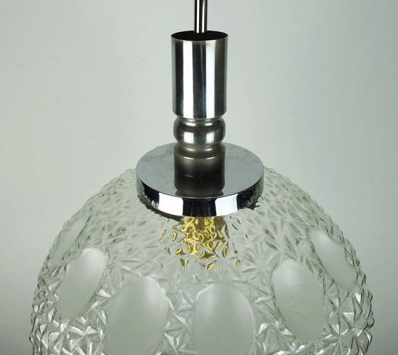 Image 1 of Mid - Century pendant light Textured glass and chrome