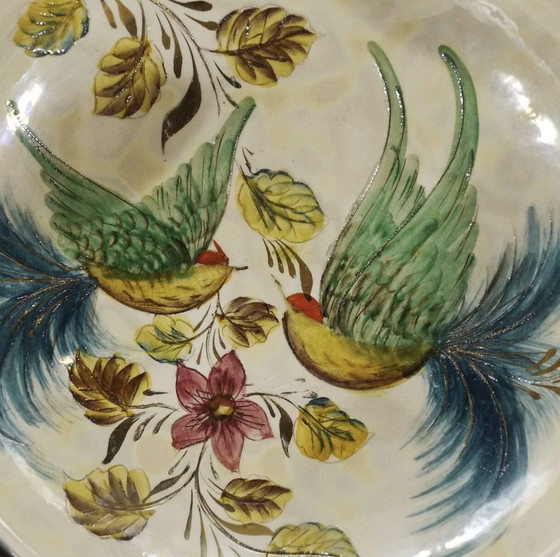 Image 1 of Large Ceramic Mounted Bowl With Glazed And Iridescent Bird And Floral Design