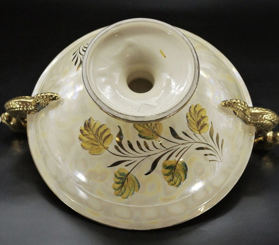 Image 1 of Large Ceramic Mounted Bowl With Glazed And Iridescent Bird And Floral Design