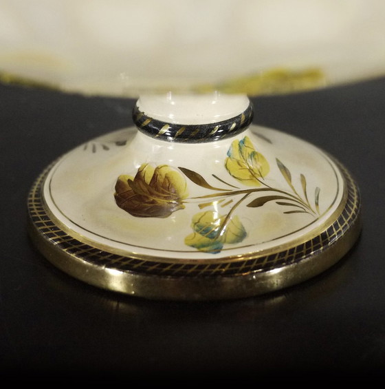 Image 1 of Large Ceramic Mounted Bowl With Glazed And Iridescent Bird And Floral Design