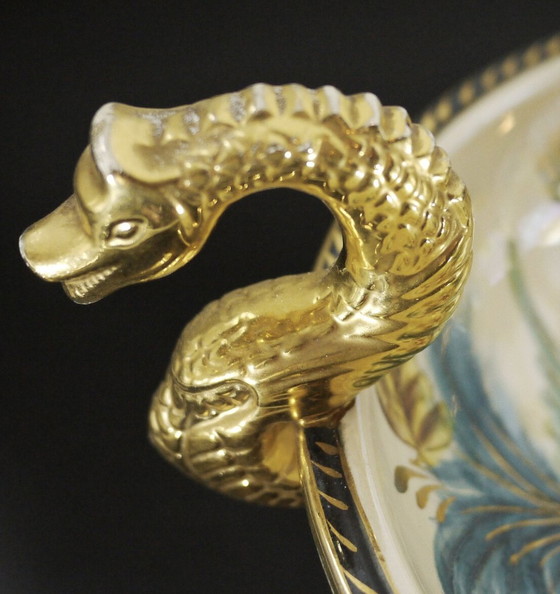 Image 1 of Large Ceramic Mounted Bowl With Glazed And Iridescent Bird And Floral Design