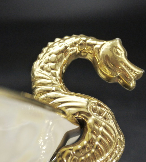 Image 1 of Large Ceramic Mounted Bowl With Glazed And Iridescent Bird And Floral Design