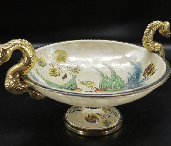 Image 1 of Large Ceramic Mounted Bowl With Glazed And Iridescent Bird And Floral Design