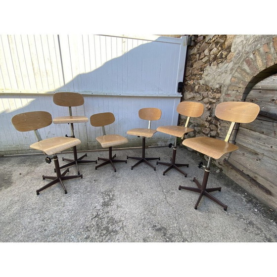 Image 1 of Vintage high industrial swivel F chair in wood and metal, 1950