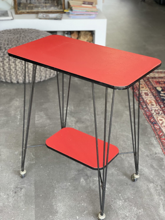 Image 1 of Side Table Trolley Serving Cart 1950s Red Black